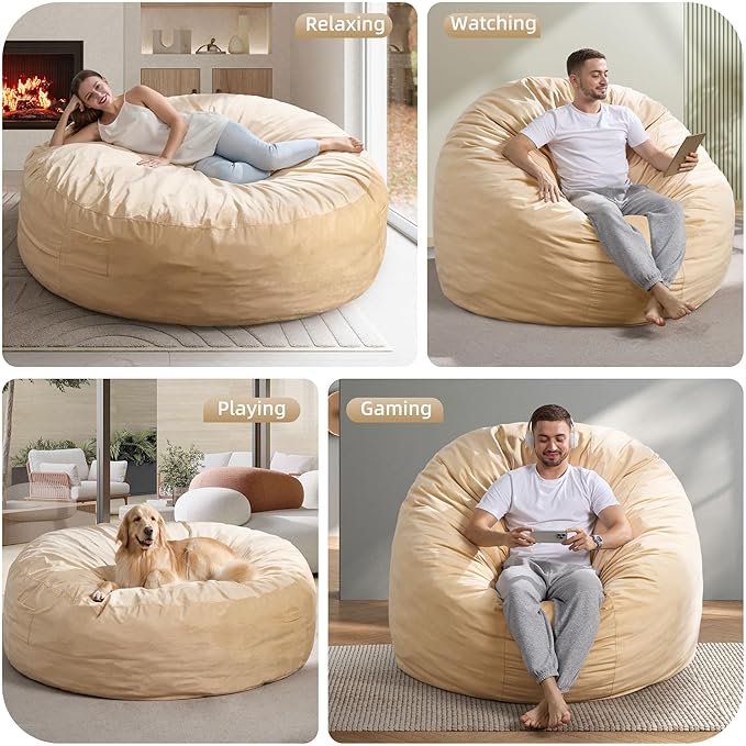 Hobestluk 6FT Bean Bag Chair Bean Bag Chairs for Adults Giant Bean Chairs with Velvet Cover, Memory Foam BeanBag Chair Fluffy BeanBag Chairs for Living Room, Bedroom- Khaki (70" x 70" x 15")
