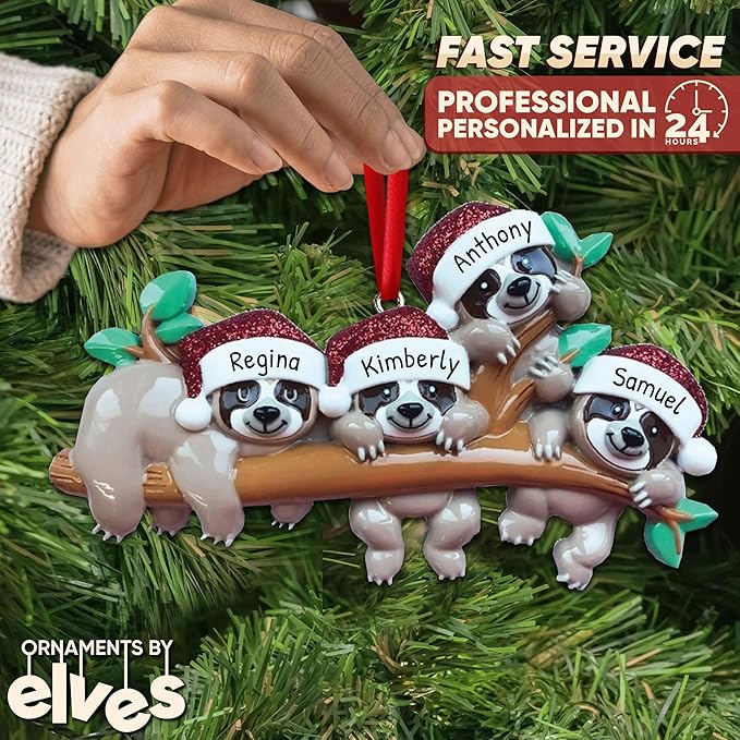 3D Sloth Family of 4 Christmas Ornament 2025 Personalized Family Christmas Ornaments 2025 | Holiday Hangout Sloths Personalized Tree Ornaments Customizable Gifts Tree Hanging Sloth of Four Ornament