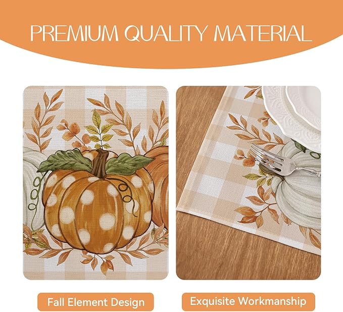 Romanstile Fall Placemats Set of 8-12 X 18 Inch - Thanksgiving Autumn Harvest Pumpkin Buffalo Plaid Place Mats, Stain Resistant Wipeable Table Mats for Party/Dining/Holiday- Orange Checkered