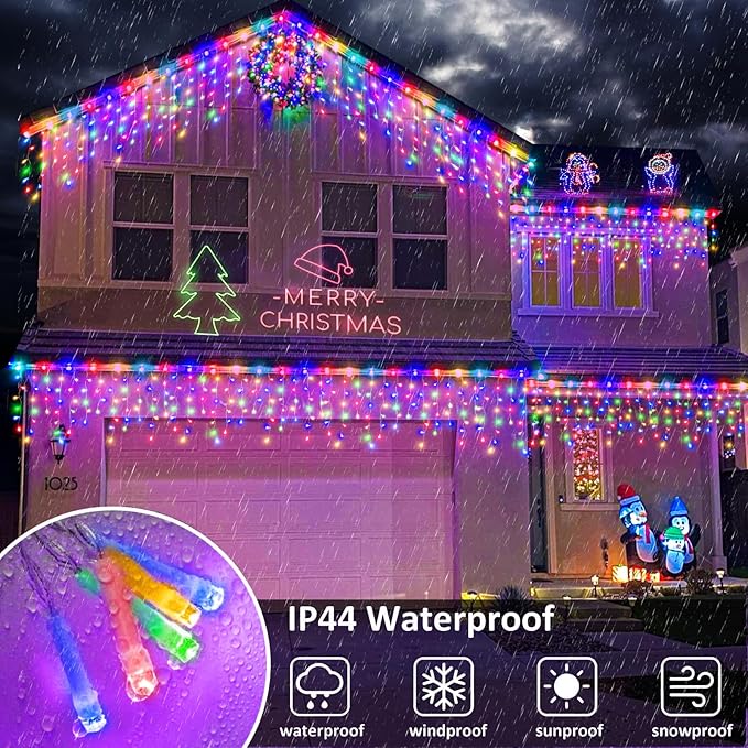 Icicle Lights for Outside, 33FT 400 LED Icicle Christmas Lights Outdoor Indoor with 8 Modes 75 Drops, Waterproof Connectable Twinkle String Light for Eaves Patio Garden Wedding Party Decor, Multicolor