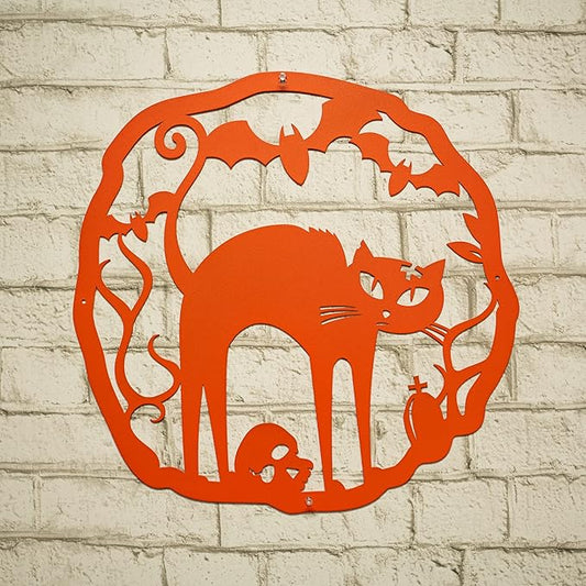 RealSteel Halloween Cat Wreath, 18" Steel, Cottage, Rustic Style, Orange, Wall Decor, Front Door, Living Room, Porch, Haunted House