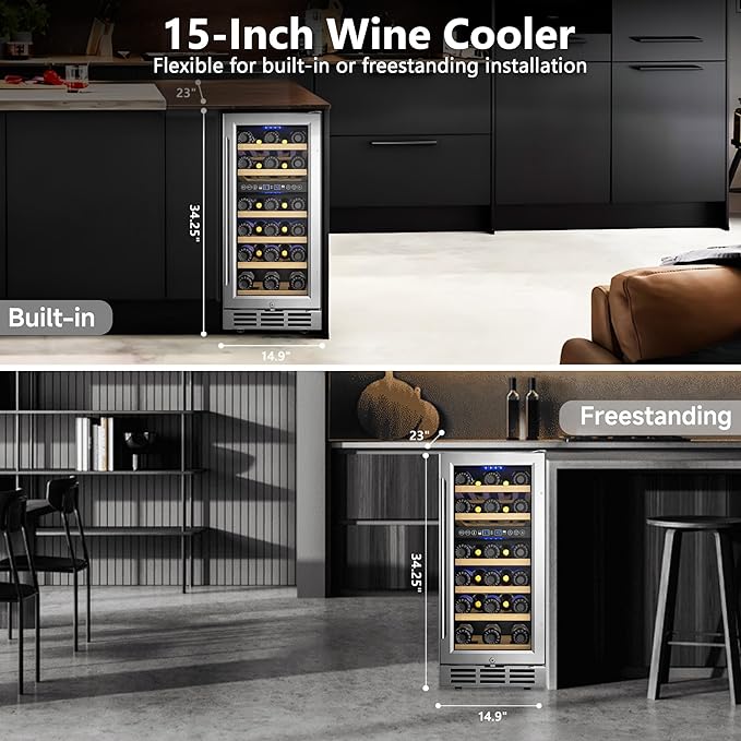 15 Inch Dual Zone Wine Refrigerator, 29 Bottle Under Counter Wine Fridge, Wine Refrigerator for Built-In or Freestanding, Wine Cooler with Removable Shelves, Double-Layer Glass Door, for Home