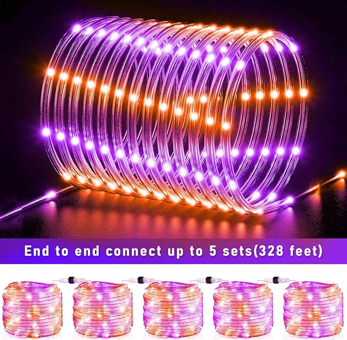 Purple Orange Halloween Lights, 66FT 200 LED Rope Lights for Outside Waterproof with 8 Modes, Connectable Tube String Lights for Indoor, Garden, Backyard, Patio, Deck, Pool, Tree Decorations