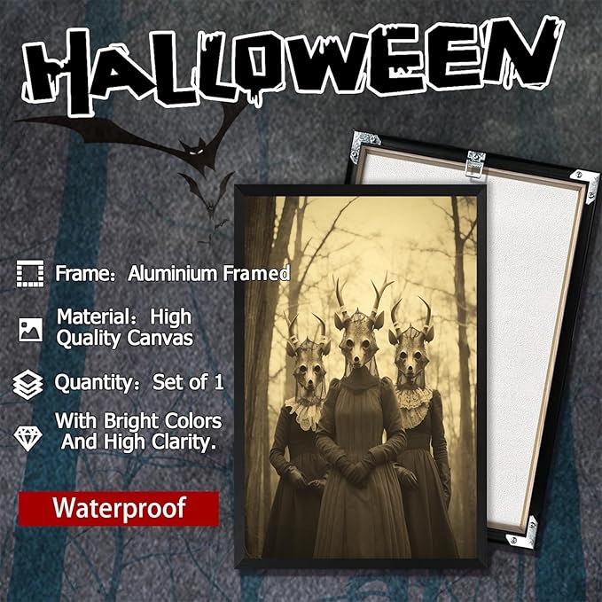 Vintage Horror Skeleton Spooky Three Skull In Occult Forest Posters Canvas Wall Art Poster Gothic Dark Academia Decor Creepy Print Retro Halloween Wall Decor 24X36inch Aluminum Framed