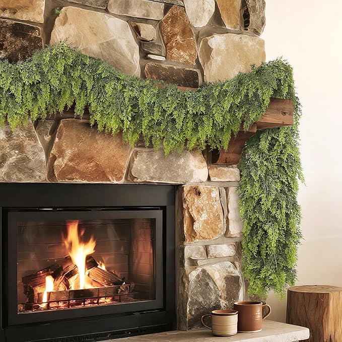 Real Touch Cedar Garland - Artificial Christmas Garlands Faux Green Cedar Fake Pine Needles Garland for Fireplace,Table, Stairs, Mantle, Window,Indoor Outdoor,Home,Holiday Decor(2 PCS,5 FT)