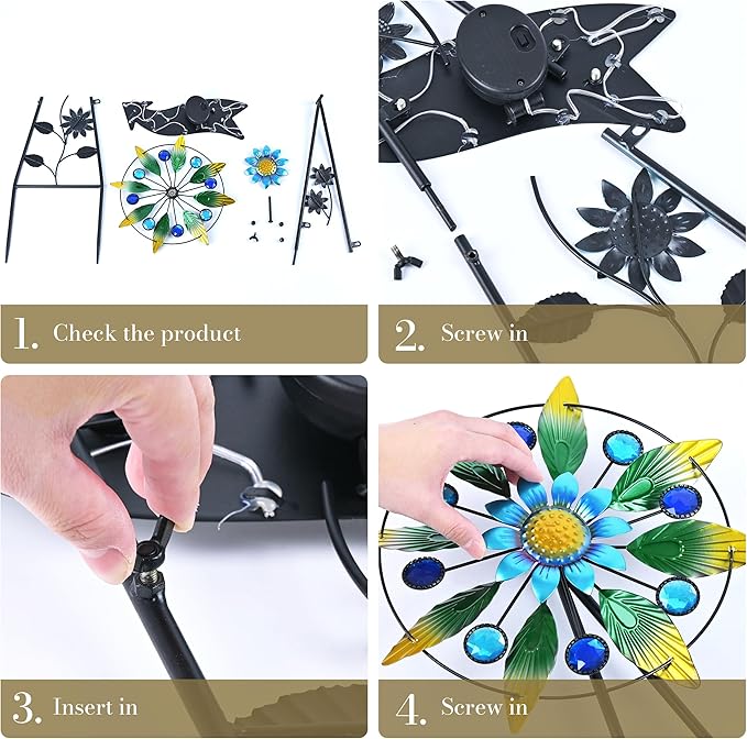 TERESA'S COLLECTIONS Hummingbird Garden Solar Stake, Wind Spinner Yard Art Sign for Outdoor Decor, Metal Purple Floral Windmill Decorative Garden Stake for Lawn Ornaments, Gifts for Mom, 36''