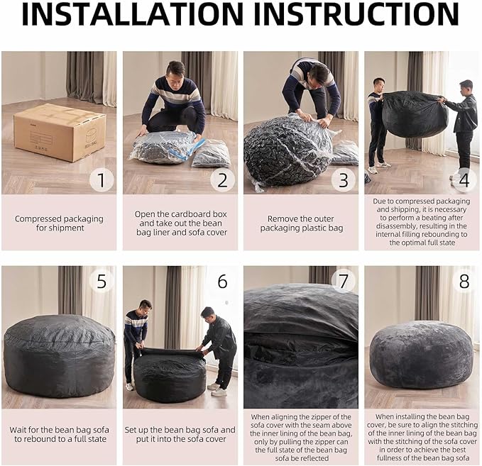 Bean Bag Chair 6Ft, Memory Foam Filled, Large Beanbag Chairs for Adults and Teens, Soft Sofa with Removable Flannel Cover, Round Couch for Living Room Bedroom College Dorm (Brown, 6FT-67×67"×24")