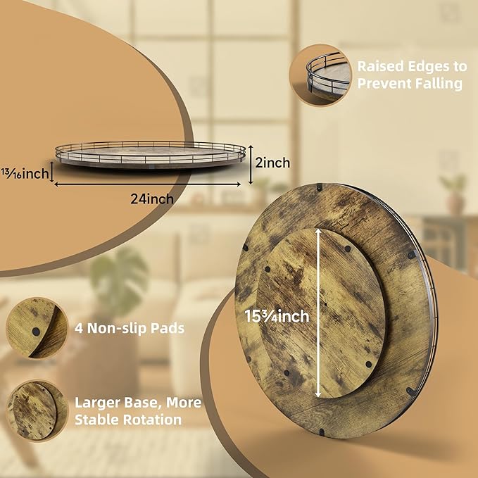 Lazy Susan Turntable Organizer for Table Top, 24’’ Round Wooden Lazy Susan for Cabinet Kitchen Countertop Pantry Dining Coffee Table for Condiments Spices, Rustic Bathroom Vanity Tray for Soap Candle