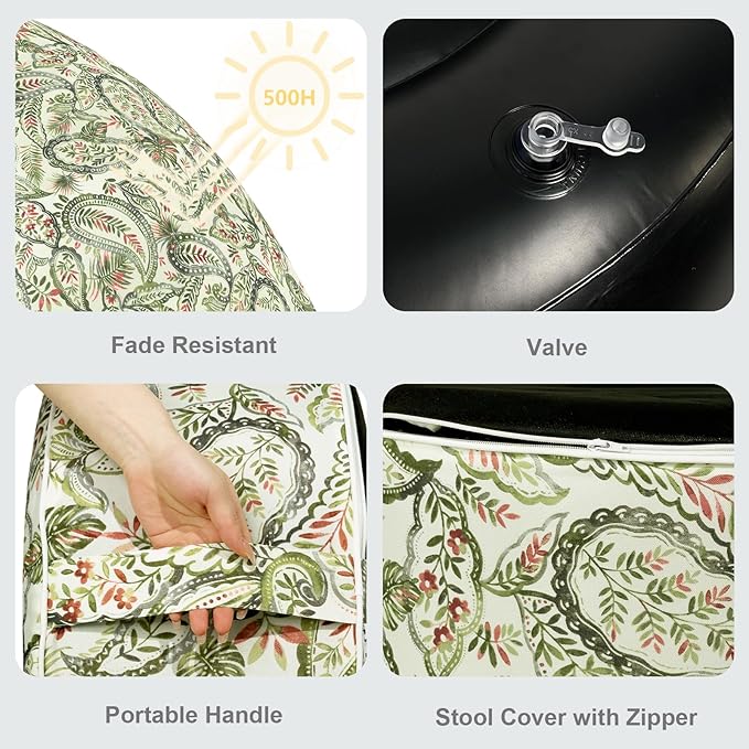 LVTXIII Inflatable Stool Ottoman Footrest with Handle, Decorative Fade-Resistant Foot Stool, Indoor or Outdoor Pouf for Home Garden and Camping Use, 21x21x9, Faylinn Shadow Paisley