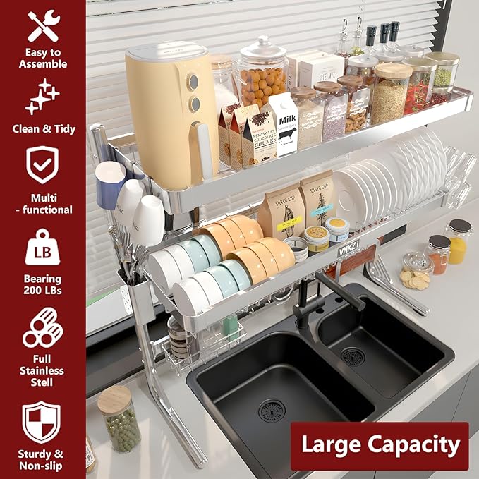 VNKZI Over Sink Dish Drying Rack, 3 Tier Full Stainless Steel Storage Adjustable Length (25.98'' to 36.61'') Kitchen Rack, Multifunctional Expandable Counter Organizer, Space Saver Dish Rack