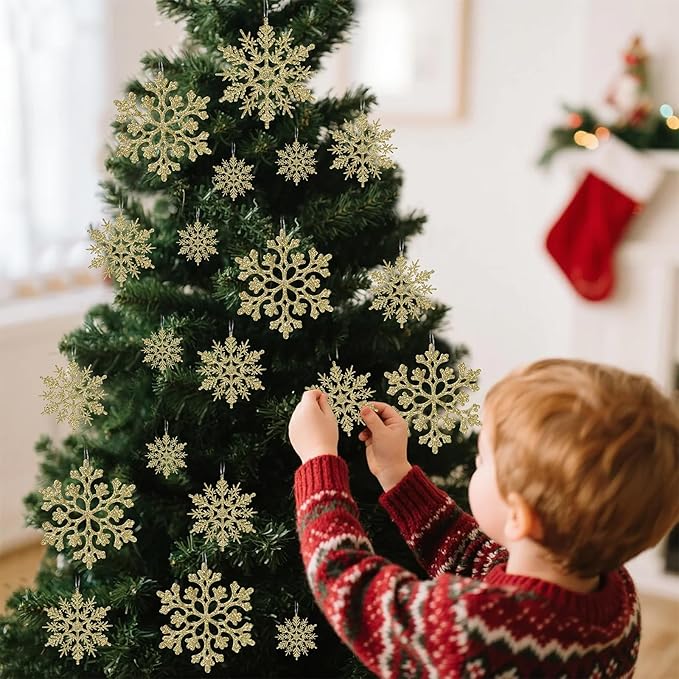 Christmas Tree Decorations Snowflake Ornaments, 36Pcs Glitter Gold Plastic Hanging Snowflakes from Ceiling Snow Flakes Decorating Hanging for Winter Wonderland Decorations Indoor Outdoor Decor