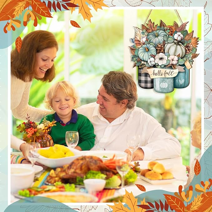 Boao Blue Hello Fall Door Decorations for Home Thanksgiving Decor Pumpkin Plaid Hanging Sign Wooden Front Door Hanger for Autumn Harvest Thanksgiving Porch Indoor Outdoor Home Decorations