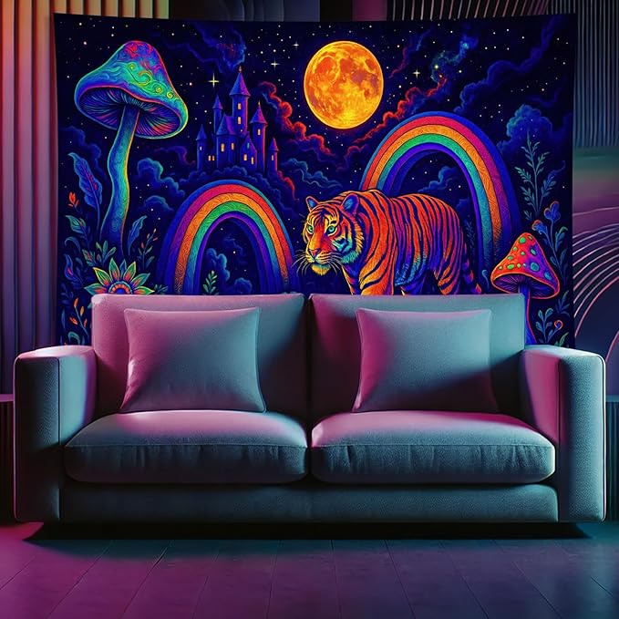 Starlit Patio Psychedelic Tiger Blacklight Tapestry UV Reactive Wall Hanging Rainbow Mushrooms Castle and Moon for Bedroom Dorm Living Room Glowing Jungle Decor Fluorescent Trippy Poster 78 x 59 Inch