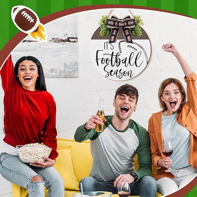 Hello Fall Football Sign for Front Door Thanksgiving Wooden Hanging Sign Fall Welcome Wreaths with Bow Turkey Farmhouse Wall Decoration for Home Autumn Harvest Front Porch Decor(Season)