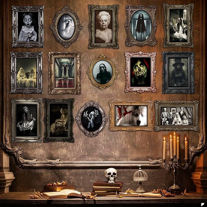 15 Halloween Gothic Mansion Haunted Horror Picture Frames, Waterproof Durable, with 80pcs Self Adhesive Dots, Photo Decorations For Haunted Home Family Castle Masquerade Party 2025 Color