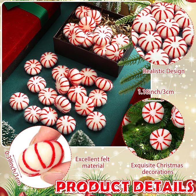 36 Pcs Felt Peppermint Decoration Christmas Wool Peppermints Christmas Arts Crafts Supplies, DIY Garland for Tree Home Vase Filler Decoration(Red)