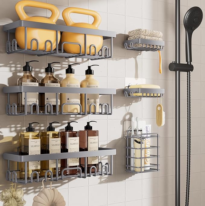Veken 6-Pack Rustproof & Waterproof Shower Caddy, Adhesive Shelves Rack, Large Capacity Bathroom, College Dorm & Apartment Organizers, No-Drill Wall Mount Living Room & Bedroom Decor, Light Grey