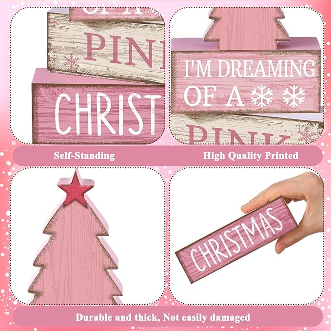 4 Pcs Christmas Table Decoration Wooden Pink Christmas Tree Centerpieces Decor Winter Tiered Tray Decor Rustic Decorative Tree Block Signs Gift Farmhouse Xmas Decoration for Home Kitchen