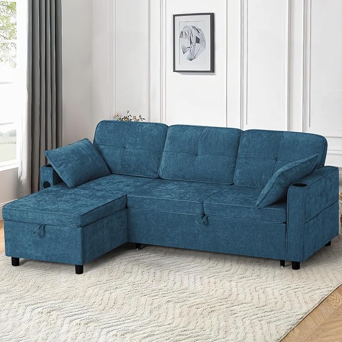 84 Inches Chenille Sectional Sofa w/Pull-Out Sofa Bed & Adjustable Back, Tufted L-Shaped Couch w/Storage Chaise, Sleeper Sectional Sofa w/USB Port & Cup Holders for Living Room, Blue