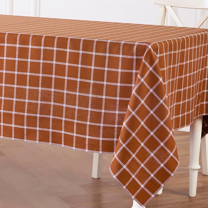 Solino Home Linen Plaid Tablecloth 60 x 90 Inch - 100% Pure Linen Windowpane Cinnamon Table Cloth for Rectangle Tables - Machine Washable Tablecloth for Fall, Autumn, Halloween, Thanksgiving
