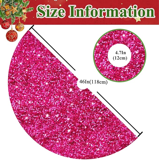MODFUNS Hot Pink Sequin Christmas Tree Skirt 48 Inches Sparkly Tree Skirt Large Velvet Xmas Tree Mat Shiny Christmas Tree Covers Luxury Xmas Tree Skirt Christmas Day Home Artificial Tree Blanket
