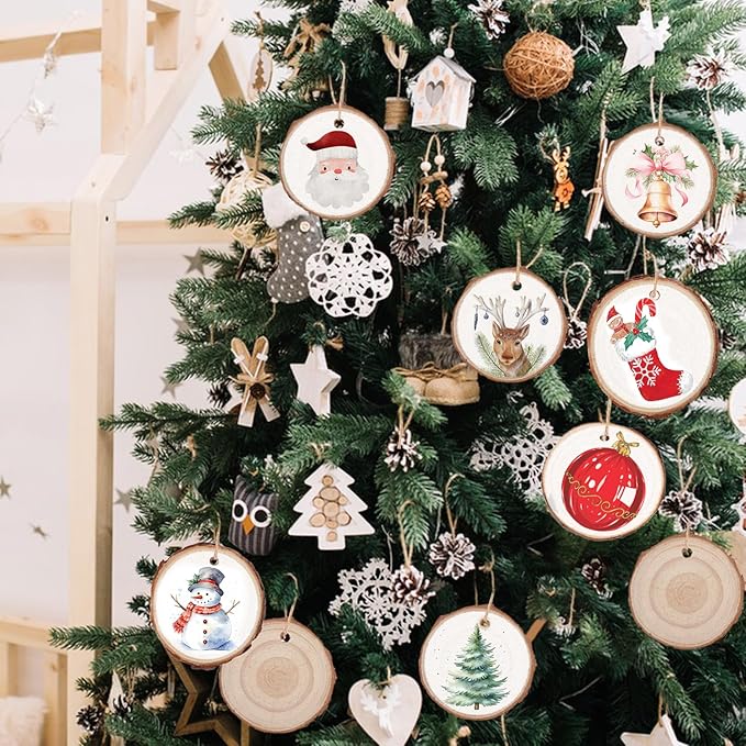 80 PCS 2.4-2.8 Inch Small Wood Slices with Hole, Mini Wood Slices with Rope for DIY Arts Craft Christmas Ornaments