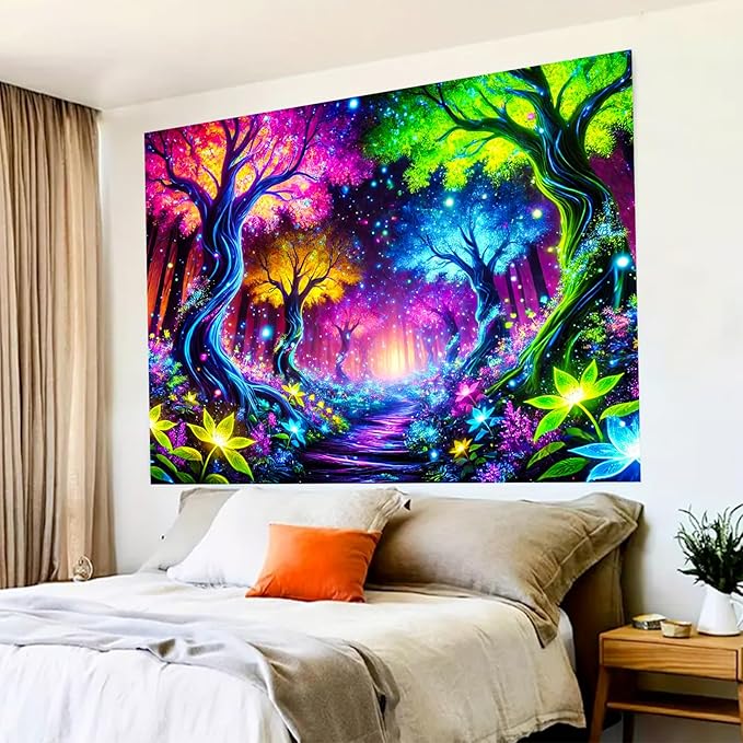 BlissYard Enchanted Neon Forest UV Black Light Tapestry 78x59 Inches Art Color Neon Light Background Bedroom Living Room Wall Party Decoration Psychedelic Pathway Fantasy Nature Magic Glow Decor