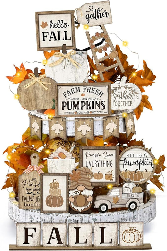 24 Pcs Fall Tiered Tray Decoration Set Thanksgiving Table Sign Pumpkins Farmhouse Decor Gnome Maple Leaves Decorative Trays Harvest Wood Blocks Signs Fall Block Tabletop for Autumn