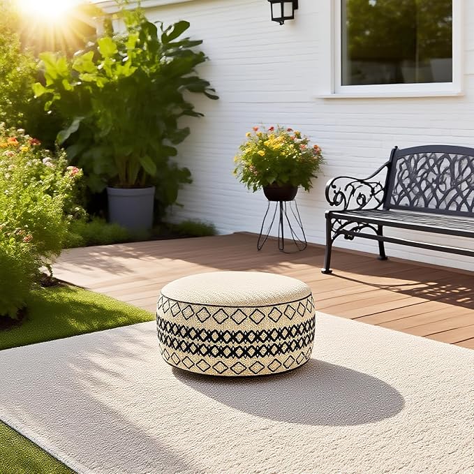Outdoor Inflatable Ottoman with Air Pump, Embroidery Patio Footrest Stool D21”x H9”, Round Pouf Ottoman with Portable Handle Suitable for Garden, Camping, Bedroom, Living Room