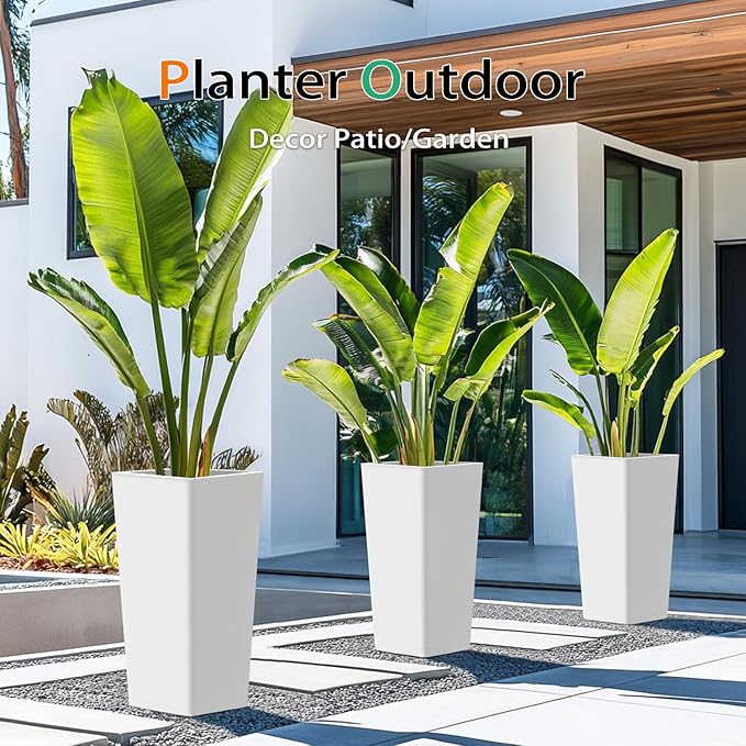 Tall Planters for Outdoor Plants, Large Resin Flower Pots for Garden, Front Porch, Patio, Indoor - Set of 2 (White, 27.5 inch - 2 Pack)