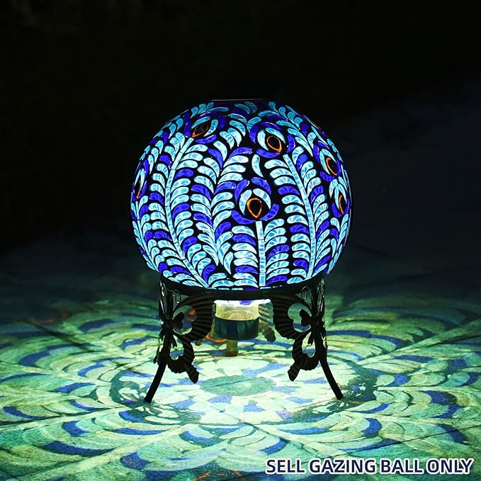 VOREEN Solar Gazing Ball, 10" Mosaic Glass Gazing Globe with Solar Light, Handmade Outdoor Yard Decor Sphere for Patio Lawn Garden, Gift for Mom Wife Friend, Peacock Feather Design (Blue)