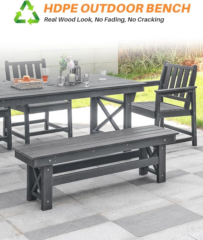 HDPE Outdoor Bench, 55" Patio Bench Outdoor Furniture, Poly Lumber Adirondack Benches, Fade-Resistant HDPE Garden Backless Benches for Park, Poolside, Porch, Smoke Gray