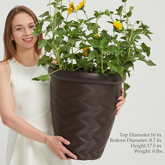 Worth Garden 2-Pack 16" Large Round Planter - Weave Pattern Lightweight Plastic Plant Pot 16" x 17.5" for Indoor Outdoor Use - Decorative Containers for Front Porch Home Yard Deck Patio - Dark Brown