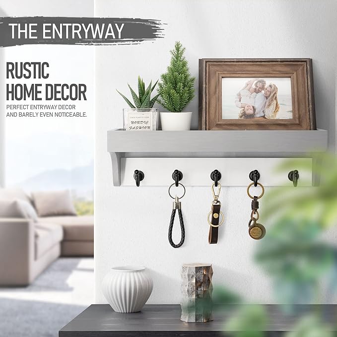 Rebee Vision Key Holder with Mail Organizer Wall Mount - Decorative Home Essentials for Key Rack with 5 Rustic Keys Hooks - Modern House Decor for Entryway (Gray & White)