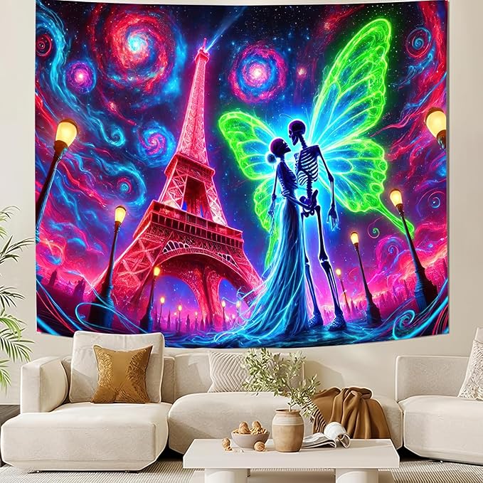 BlissYard Blacklight Skull Tapestry UV Reactive Tapestry 78x59 Inch Black Light Butterfly Galaxy Planet Glowing Large Neon Wall Hanging for Living Room Bedroom Decor Teens