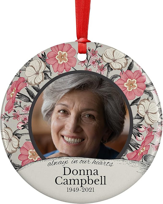 Always in Our Hearts, Memorial Christmas Ornament Personalized with Photo, Name & Date - Upload Photo & Picture - 7 Designs, Memorial Ornaments Loss of Loved Ones – D1