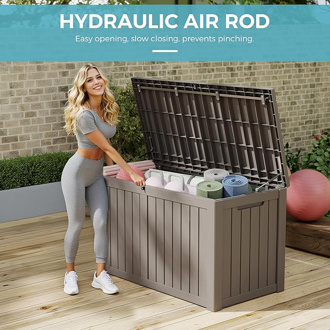 KAMABOKO Outdoor Storage Box, 150 Gallon Large Outdoor Resin Deck Box, Storage Waterproof Boxes Lockable Lid for Garden Tools, Pool Supplies, Patio Furniture and Cushions, Grey