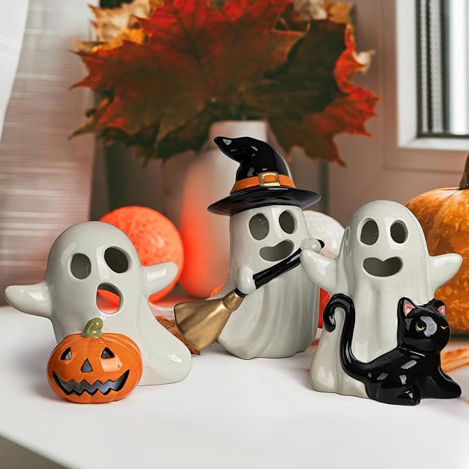 AELS Ceramic Happy Ghost with 3 Tea Lights, Spooky Candle Holder Set of 3, Tabletop Indoor Halloween Decorations for Holiday Party Home, Spooky Sculptures Ghost Figurines, Smoke White