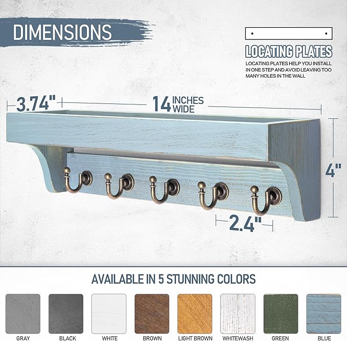 Rebee Vision Farmhouse Pine Wood Key Holder Wall Mount for Home Decor - Rustic Wall Key Holder with Shelf for Home Improvement - Ideal Entryway Organizer in Living Room (Distressed Blue)