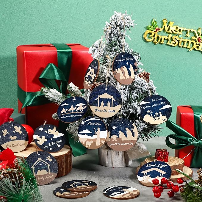 Soaoo 60 Pcs Nativity Scene Christmas Tree Ornament Christian Religious Ornaments Bulk Round Nativity Xmas Tree Hanging Wooden Decorations for Garden Yard Outdoor Home(Classic Style)