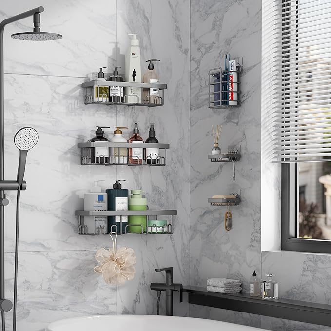 Veken 6-Pack Rustproof & Waterproof Shower Caddy, Adhesive Shelves Rack, Large Capacity Bathroom, College Dorm & Apartment Organizers, No-Drill Wall Mount Living Room & Bedroom Decor, Light Grey