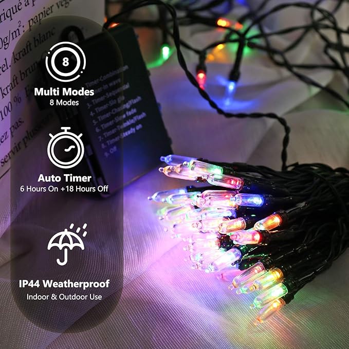 BrizLabs Christmas Lights Multicolor, 2 Pack 17.94ft 50 LED Christmas String Lights, Battery Xmas Tree Light Outdoor/Indoor, Green Wire 8 Modes Mini Xmas Light for Holiday Tree Wreath Lawn Party Decor