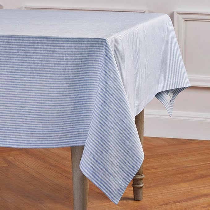 Solino Home Linen Striped Tablecloth 60 x 108 Inch - 100% Pure Linen Cornflower Blue and White Table Cloth for Rectangle Tables - Narrow Stripe, Machine Washable Tablecloth