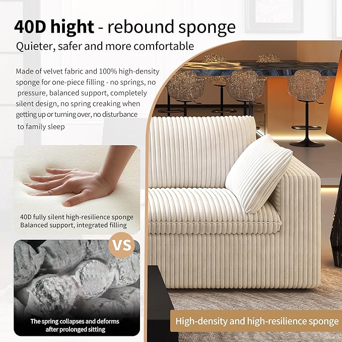 118" V Shaped Corner Modern Sofa Modular Sectional Cloud Couch,Deep Seat Upholstered Couches with Plush Corduroy Fabric for Living Room Furniture,Bedroom and Apartment,No Assembly Required,White