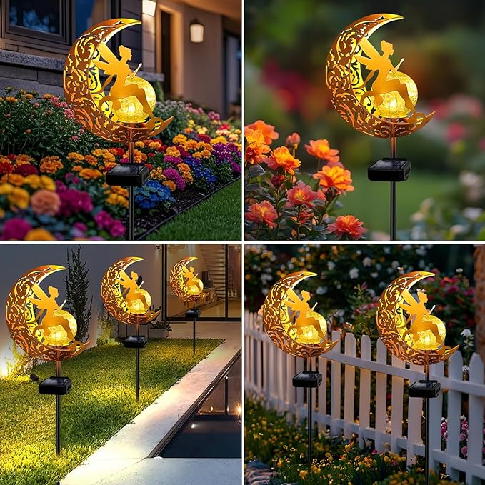 YJFWAL Garden Solar Lights Pathway Stake Lights Moon Fairy Glass Globe with Angel Decor, Gifts for Mom Grandma Friends, Outdoor Decor Light Waterproof for Walkway, Yard, Patio or Garden (Warm White)