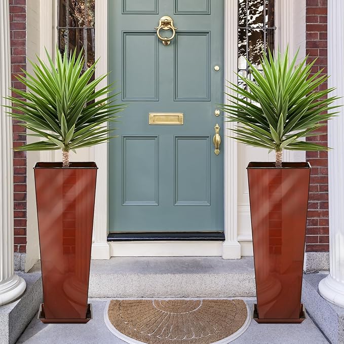 KOL 28''H. Tall Galvanized Steel Glazed Planter with Saucer, Set of 2, Planter Pots with Insert for Indoor & Outdoor Use, Decorative Flower Plant Pots for Front Porch, Patio, Deck - Reddish Brown