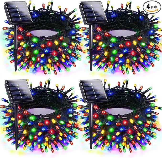 4pk Multi-Colored Solar Christmas Lights Outdoor Waterproof, 400 LED 132 FT Solar Powered LED String Lights Green Wire with 8 Modes, Solar Fairy Lights for Xmas Tree Party Wedding Garden Decorations