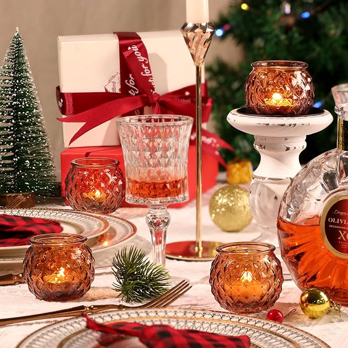 Amber Votive Candle Holders Set of 24 - Round Glass Candle Holders for Table Centerpiece, Tea Lights for Home & Vintage Wedding Decorations
