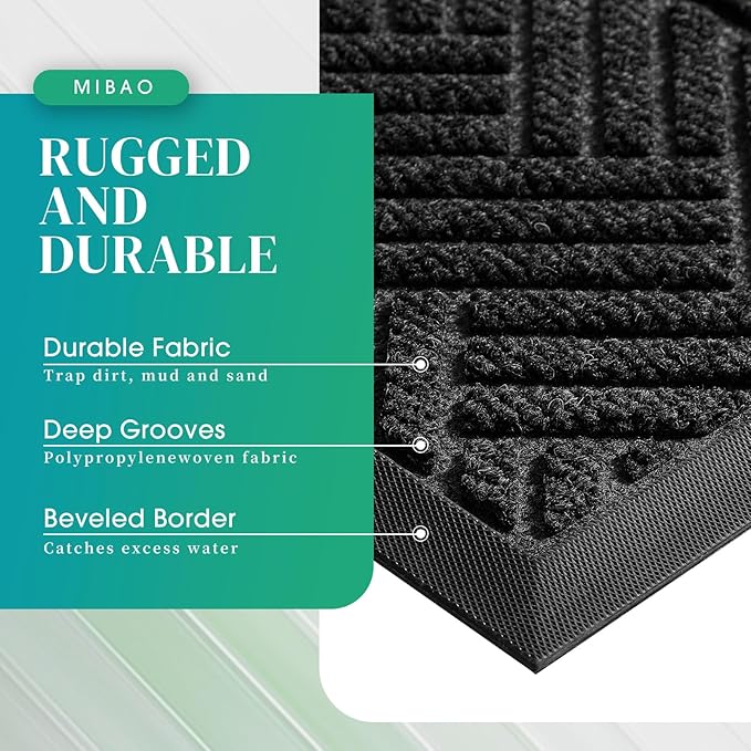 Mibao Front Door Mat Outside Entrance, Durable Outdoor Indoor Mat, Low Profile Heavy Duty Doormat, Non-Slip, Traps Dirt and Moisture, Easy Clean Patio Porch Entryway Mat, 36" x 24", Grey