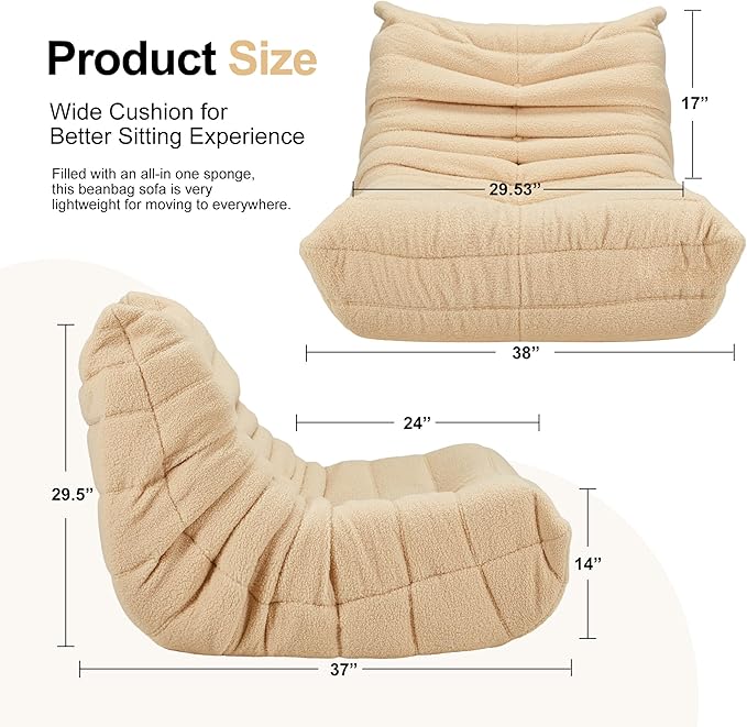 Bean Bag Chairs for Adults Giant Bean Bag Chair Memory Foam BeanBag Chair Big Bean Bag Sofa with Filler Faux Fur Fireside Beanbags Lazy Sofa for Living Room Bedroom Dorm Office (Khaki Teddy)